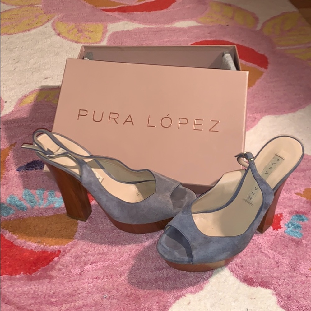 Pura López grey suede platform sling backs